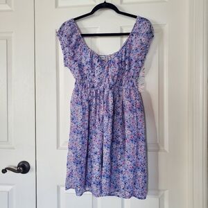 Almost Famous Emma Tie Waist Skater Dress Floral Blue Pullover Medium Cap Sleeve